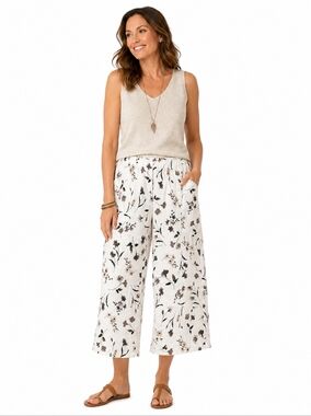 Soft Surroundings Floral Linen Blend Cropped Pants Women’s Medium White Botanica